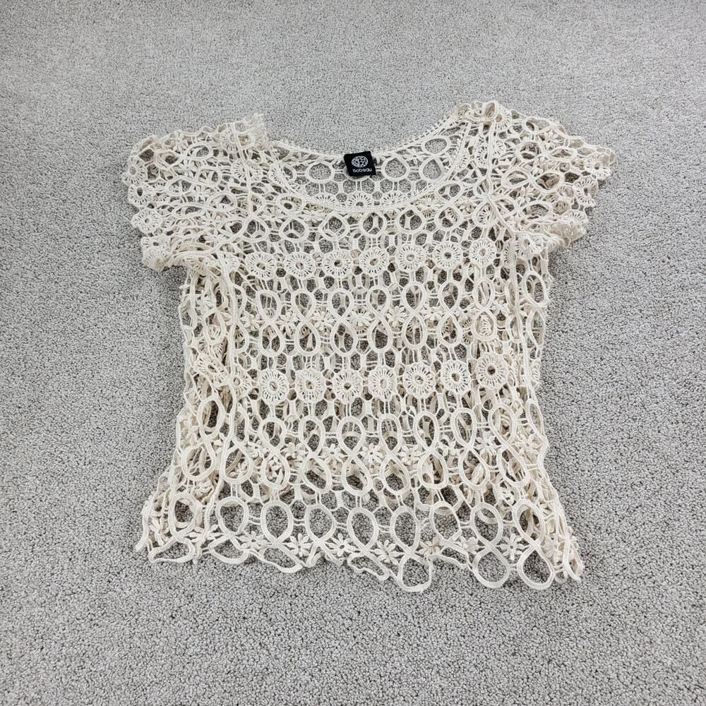 Bobeau Womens Crochet Top S Cream Floral Open Knit Round‎ Neck Cropped Boho